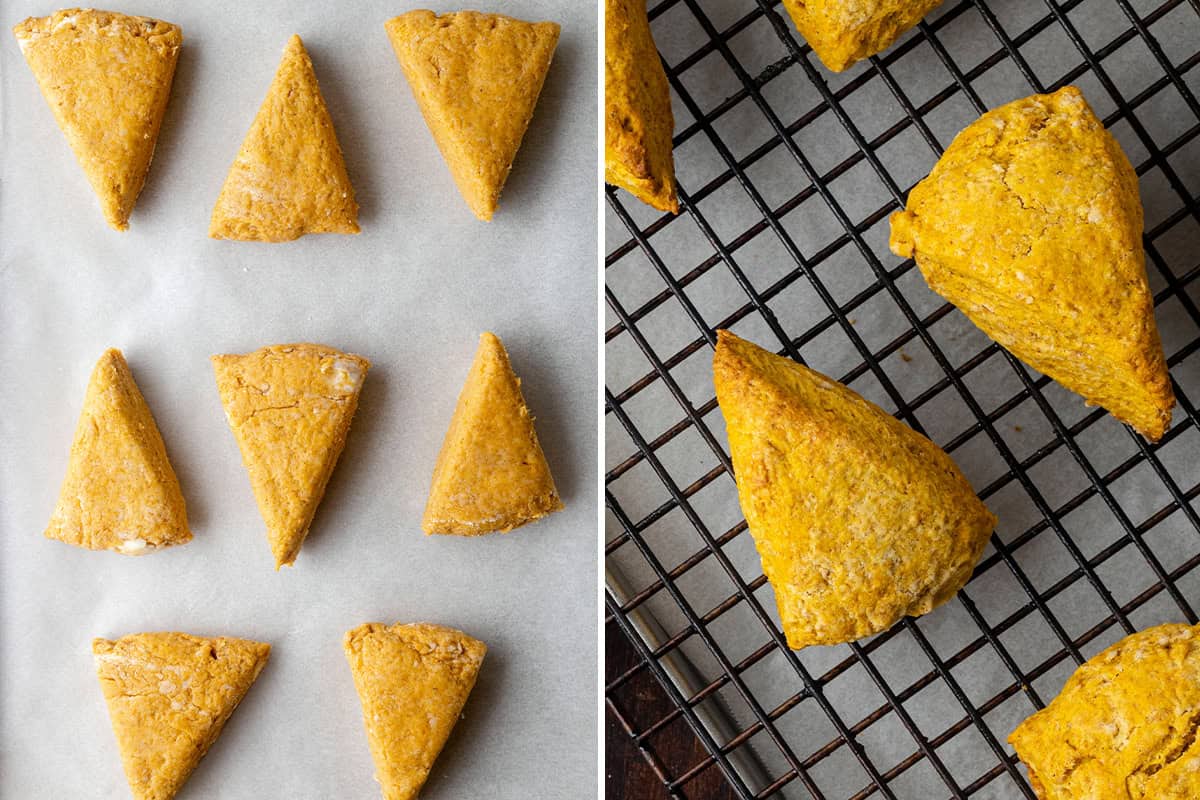 triangle pumpkin scones on baking sheet