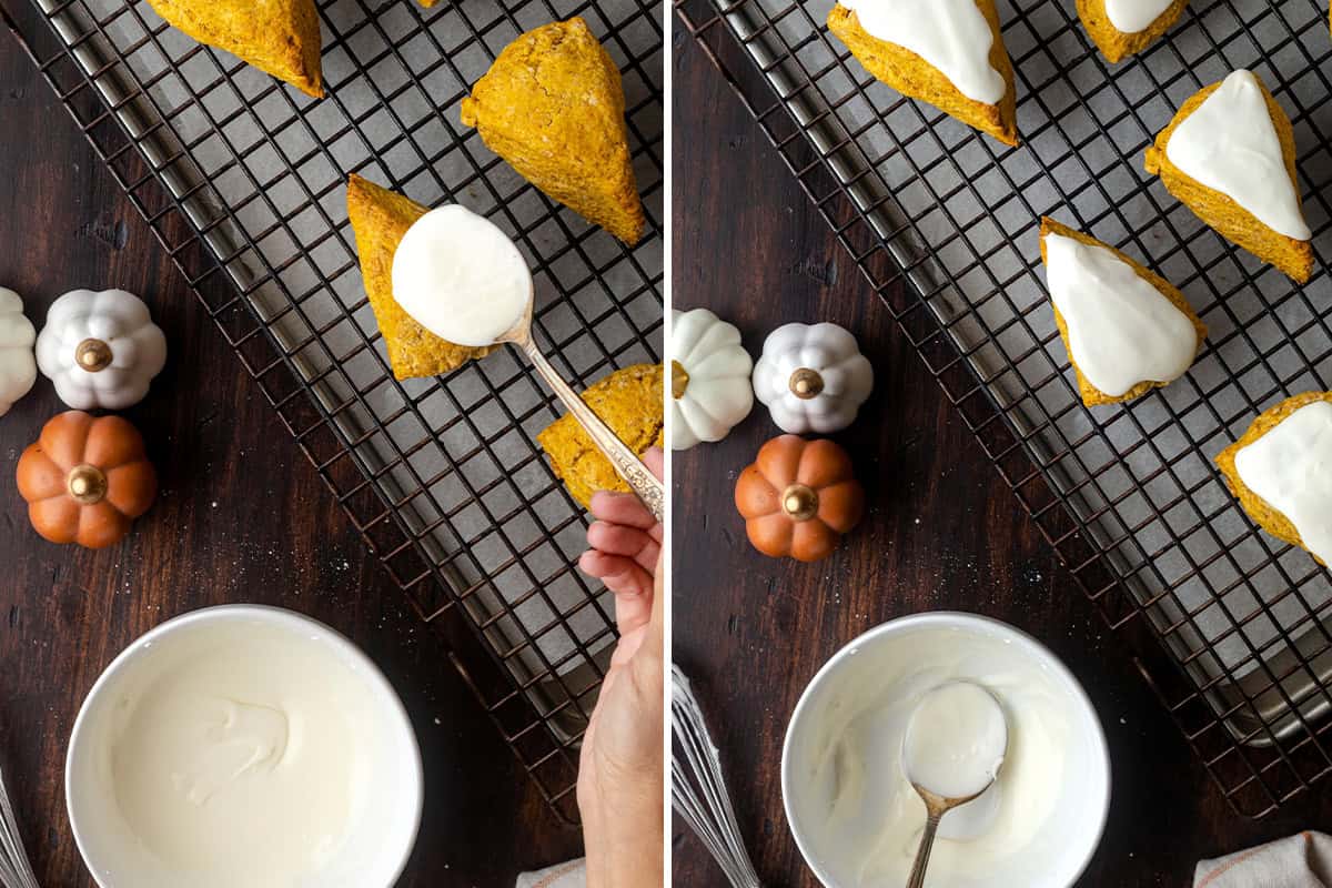 pumpkin scones being spooned with glaze