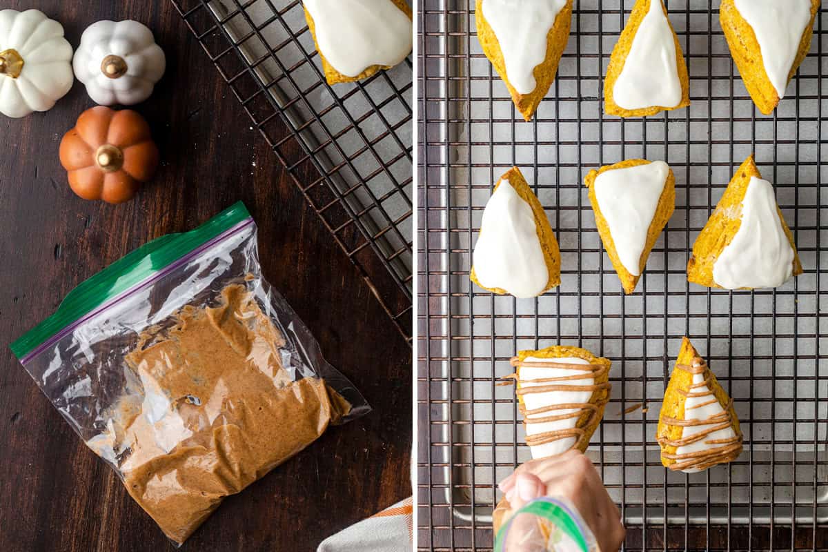pumpkin scones being glazed