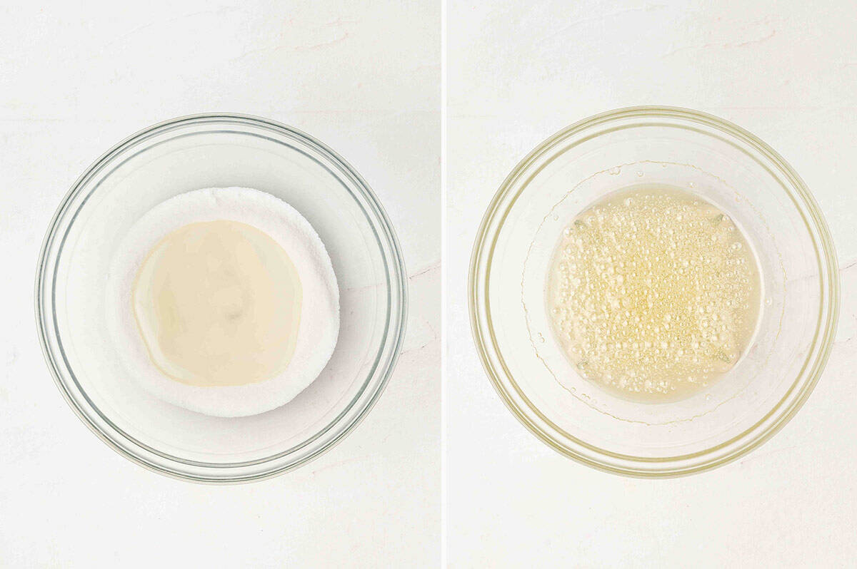 Mixing bowl with granulated sugar and corn syrup before heating, then the same bowl with bubbling syrup after microwaving.