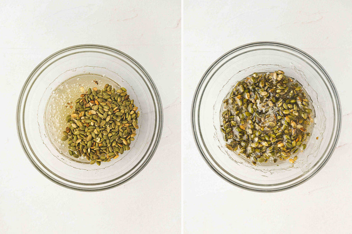 Mixing bowl showing roasted pumpkin seeds added to the hot syrup, then stirred together and coated.