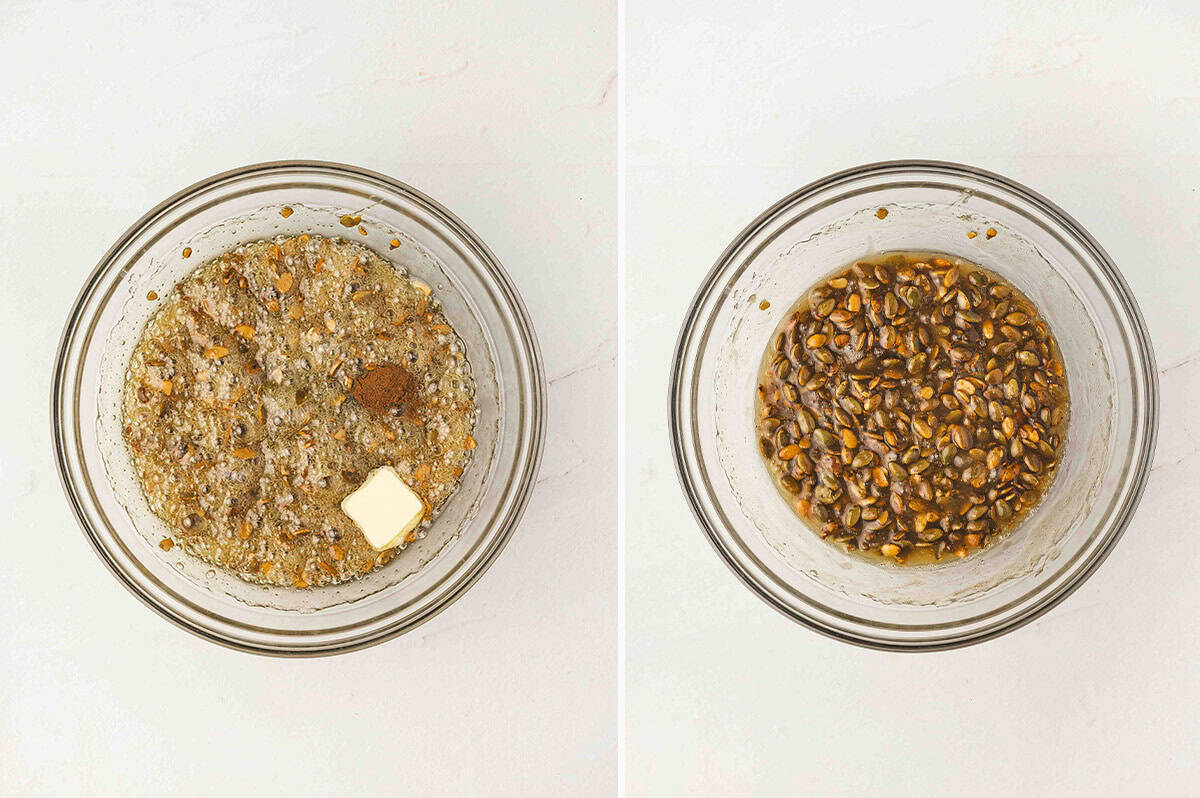 Hot syrup mixture with butter, pumpkin pie spice, and vanilla added, then fully combined into a rich golden mixture.