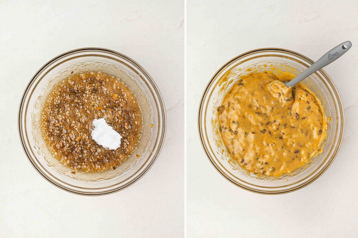 Brittle mixture bubbling in the bowl with baking soda added, then stirred into a light, foamy texture.