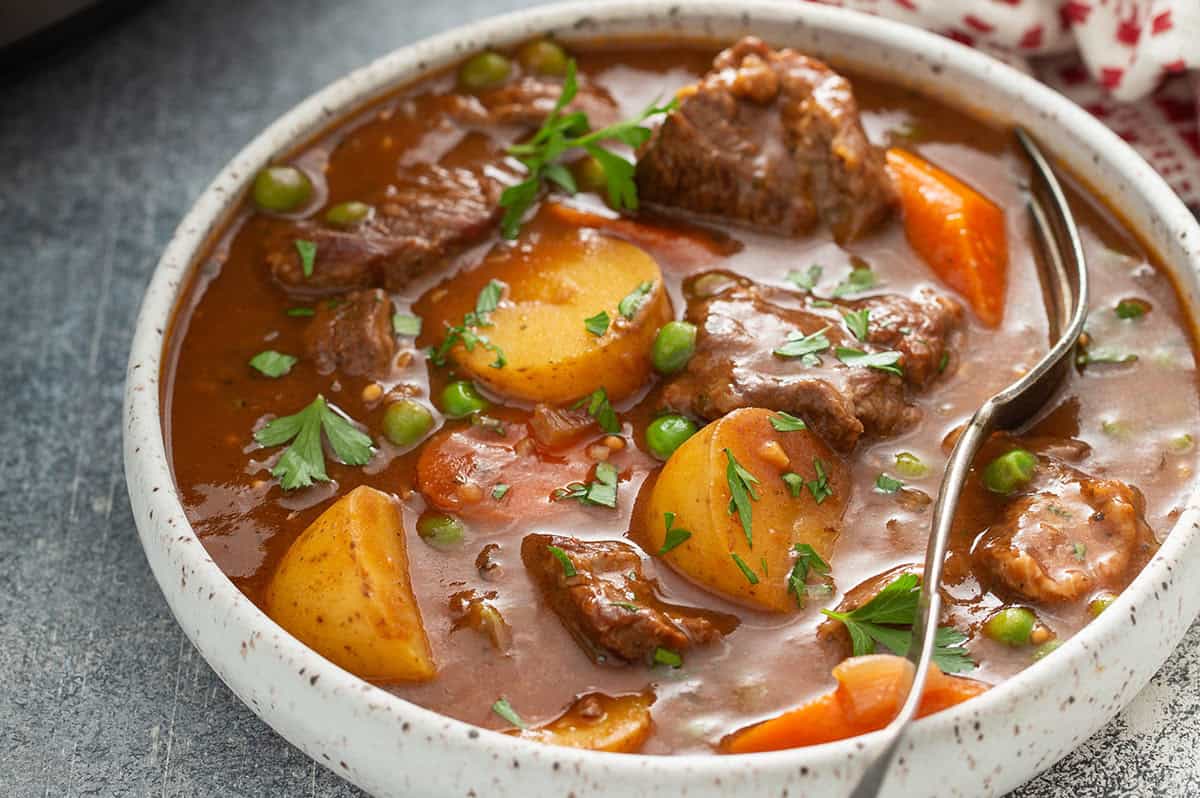 slow cooker beef stew in bowl