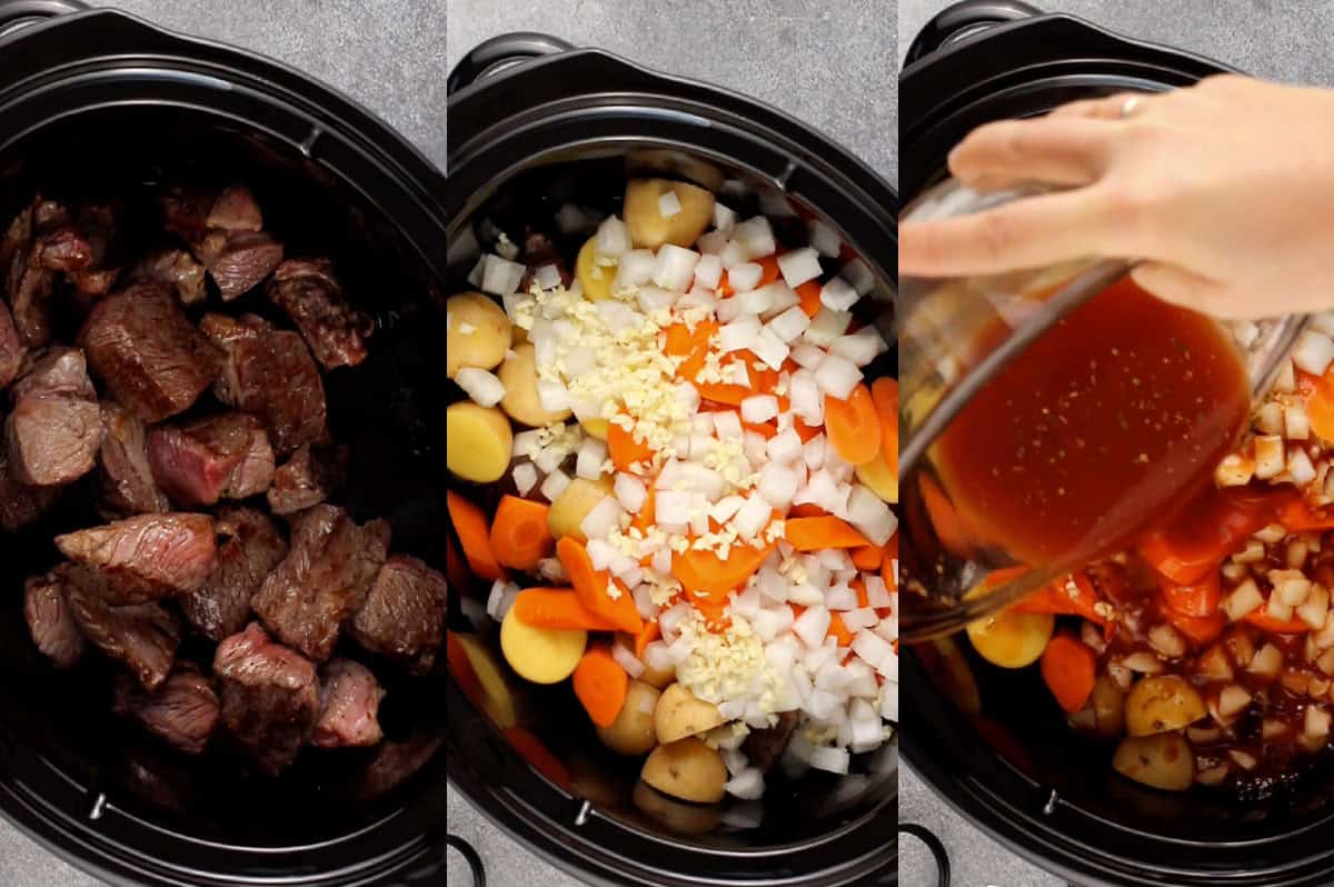 stew meat, vegetables, and cooking liquid for beef stew added to slow cooker
