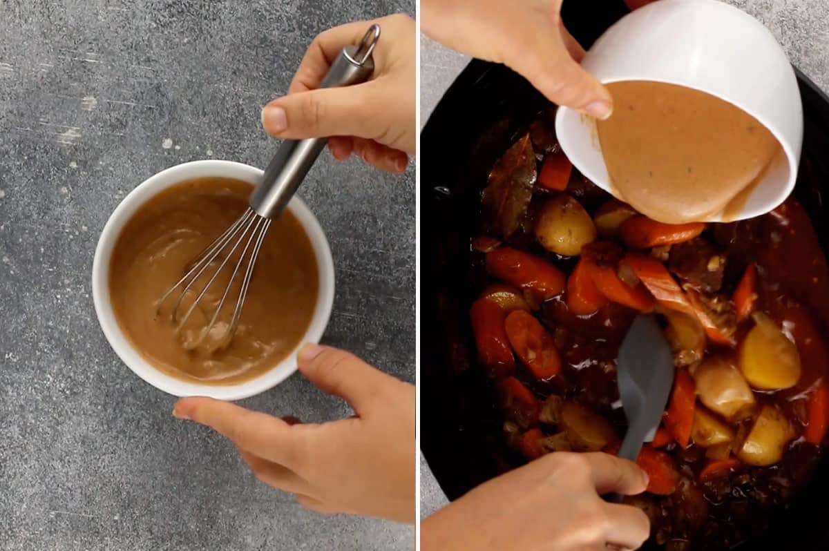 slurry being added to crockpot beef stew