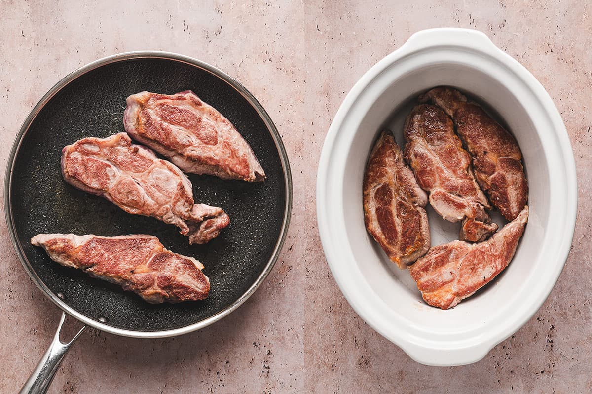 Country-style pork ribs browned in a skillet, then placed in a white slow cooker insert