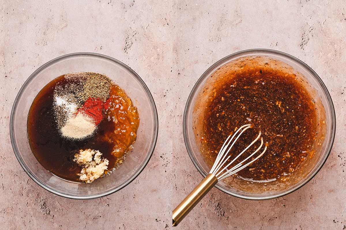 Ingredients for orange marmalade hoisin sauce in a mixing bowl, then whisked together into a smooth sauce