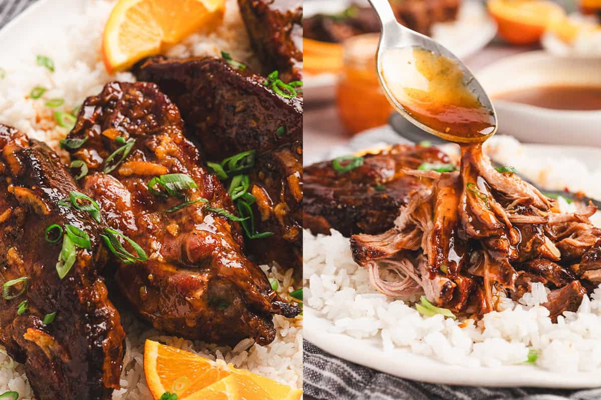 Juicy orange marmalade pork served over rice with scallions, with extra sauce being spooned on top.