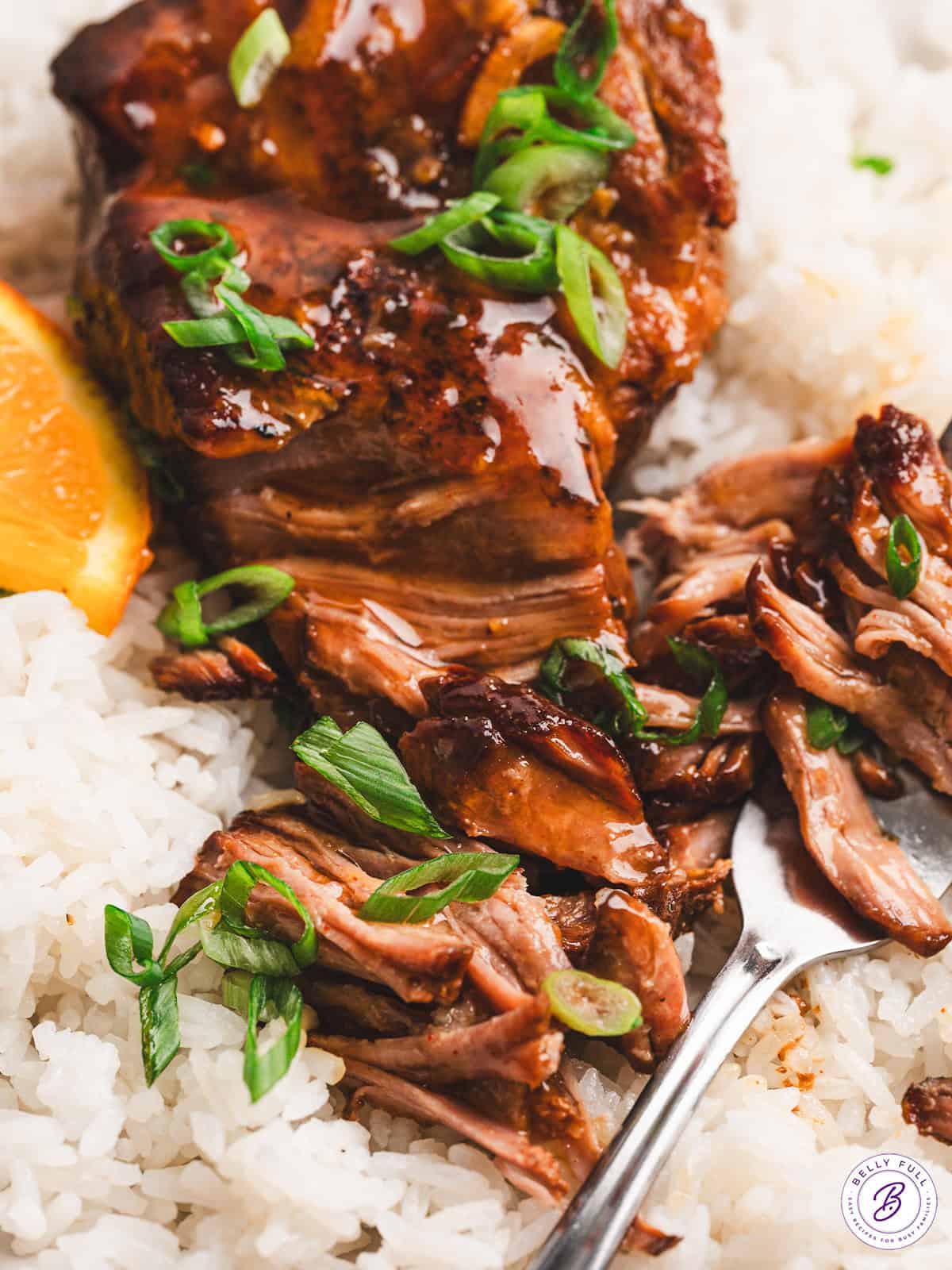 Close-up of slow cooker orange marmalade pork served over white rice, garnished with scallions and orange slices.