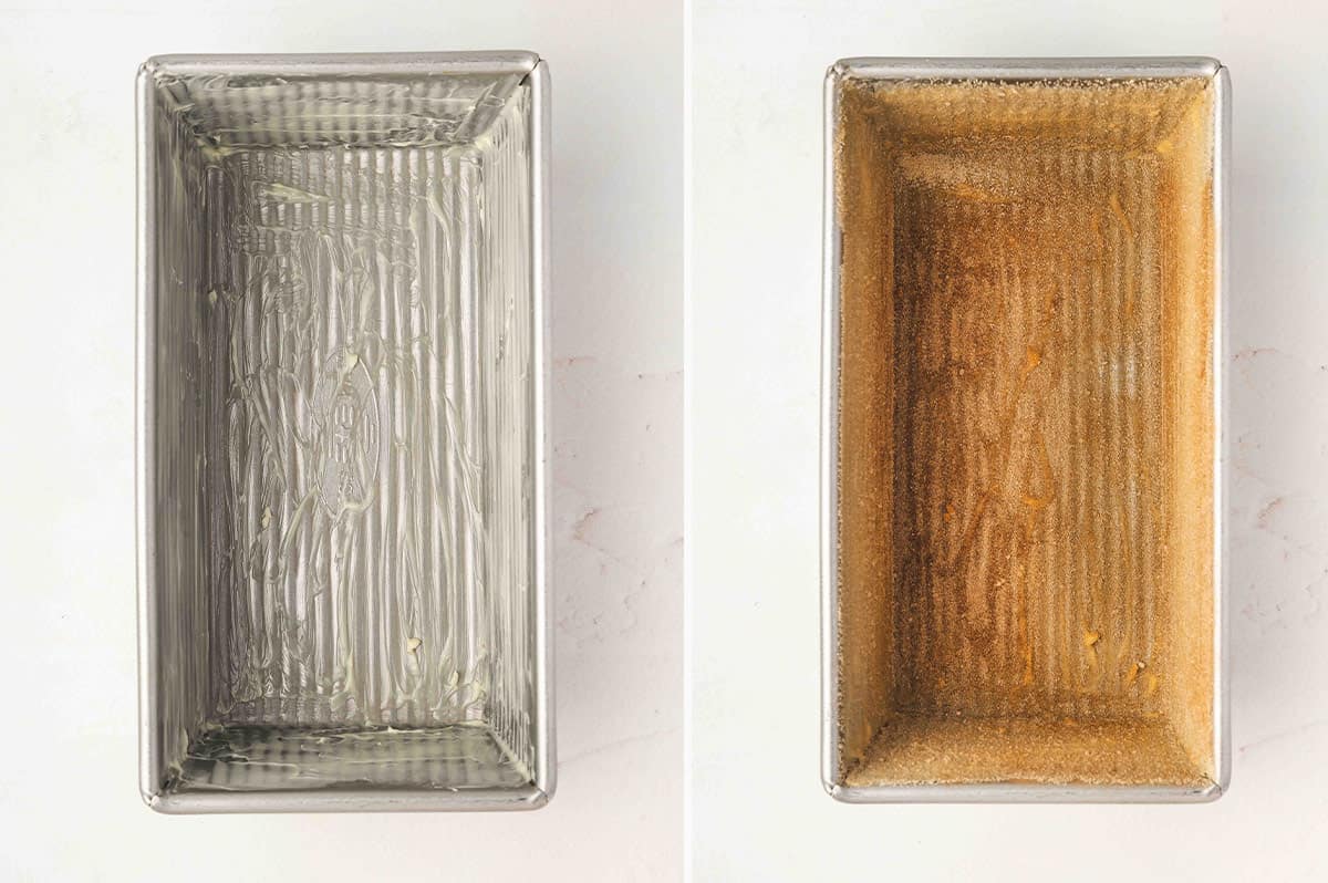 Loaf pan greased with butter on the left and coated with a cinnamon sugar mixture on the right.