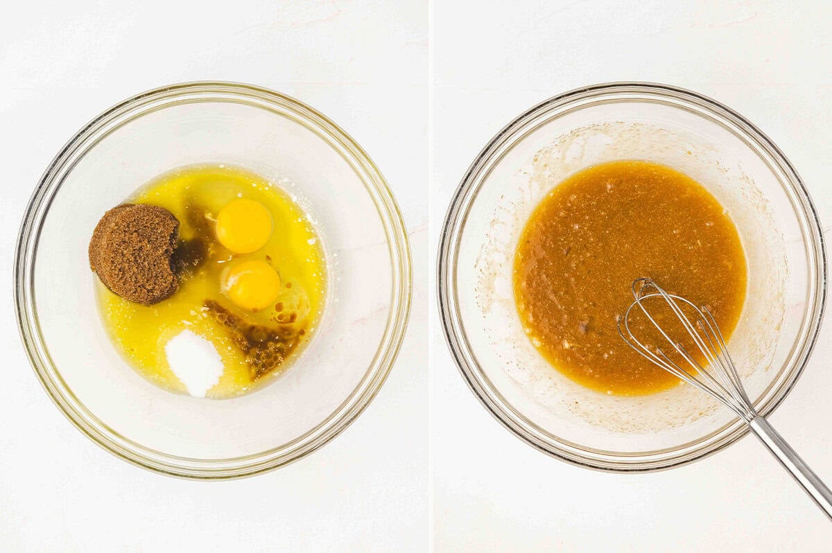 Bowl with granulated sugar, brown sugar, melted butter, eggs, and vanilla before and after whisking together.