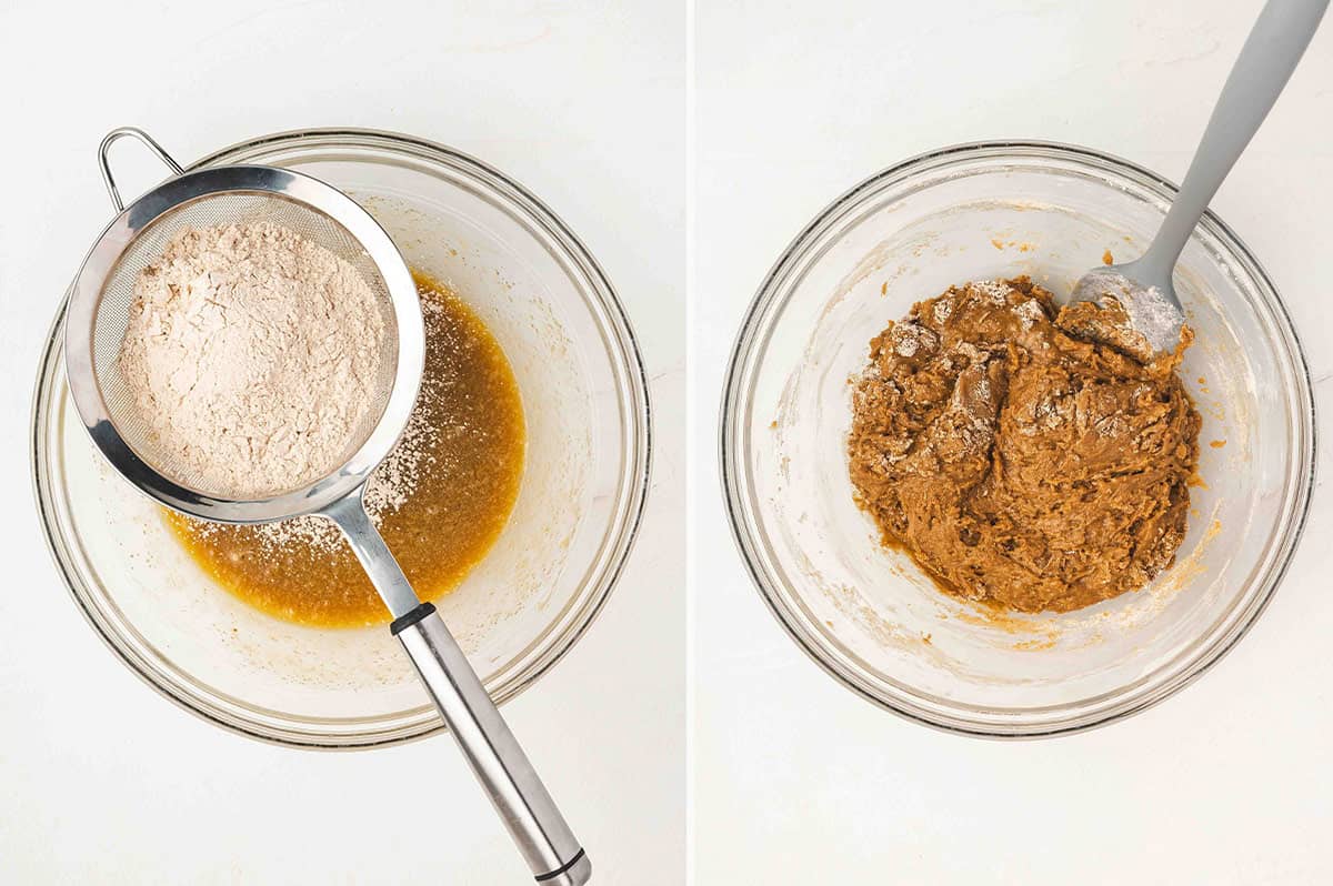 Sifting flour, pumpkin pie spice, baking powder, baking soda, and salt into the wet ingredients, then stirring into a thick batter.