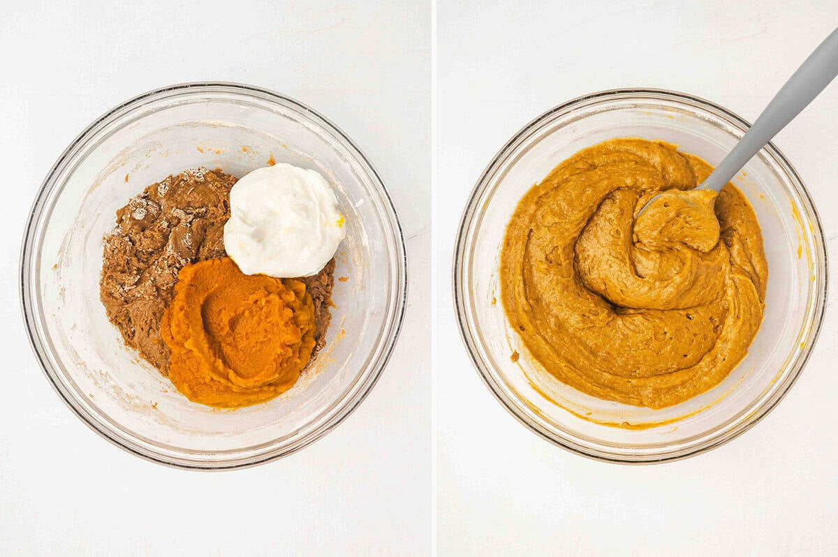 Pumpkin puree and sour cream added to the bowl, then folded into the batter until smooth.