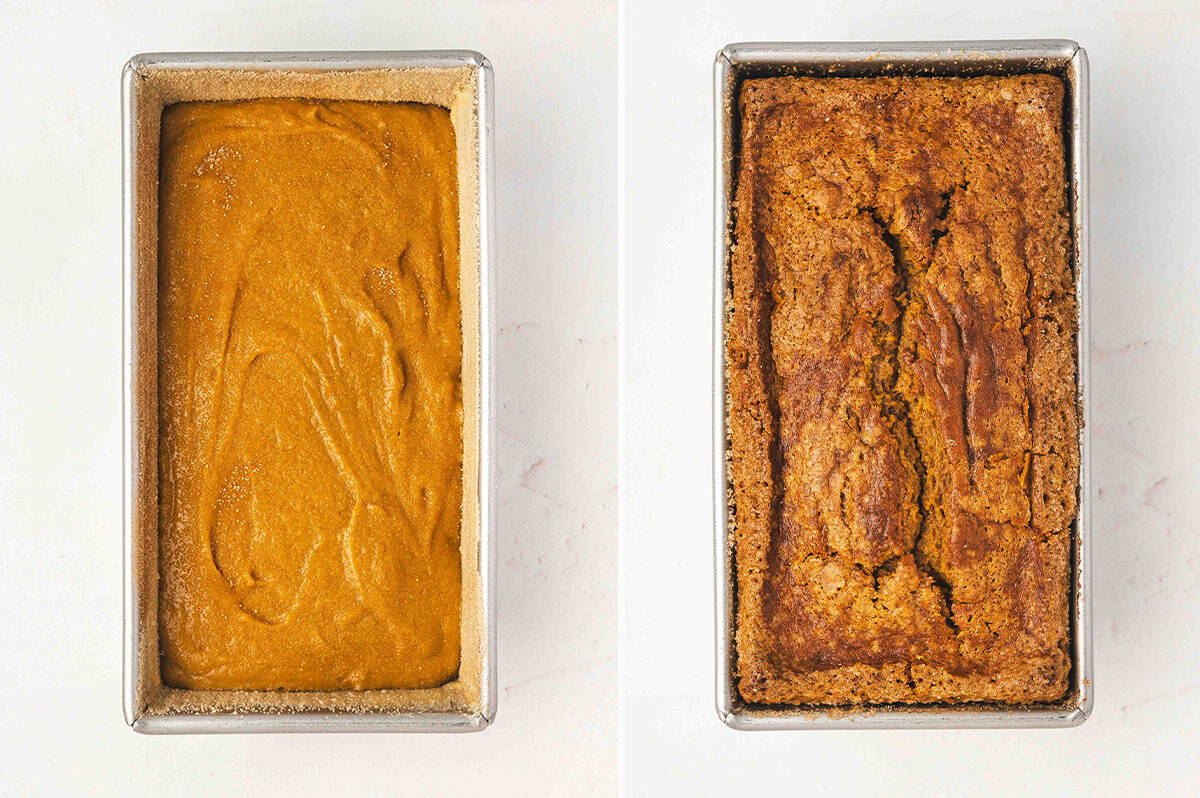 Batter poured evenly into the prepared pan before baking and baked loaf shown golden brown and cracked on top.