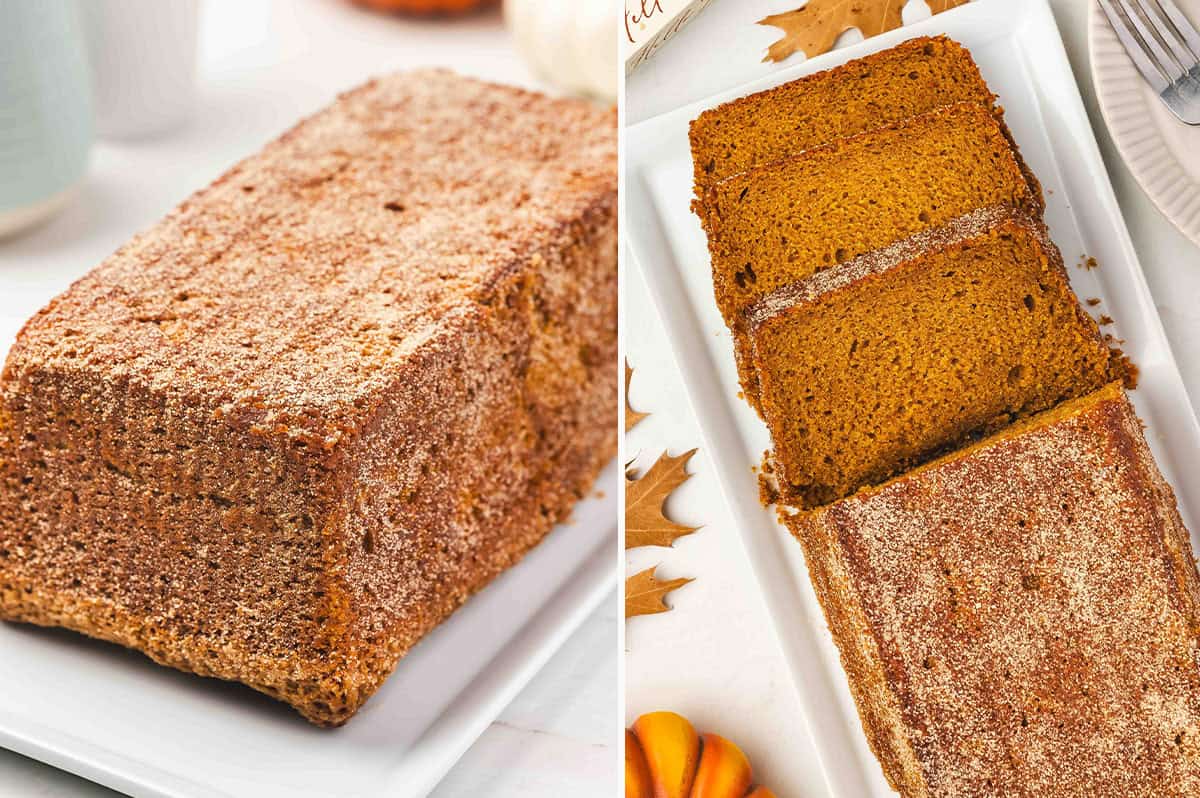 Baked snickerdoodle pumpkin bread on a platter, shown whole and sliced to reveal the moist interior and cinnamon sugar coating.