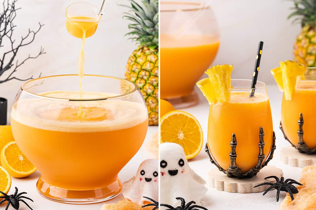 Halloween punch in punch bowl and skeleton glass