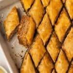 Baklava cut into triangles in pan