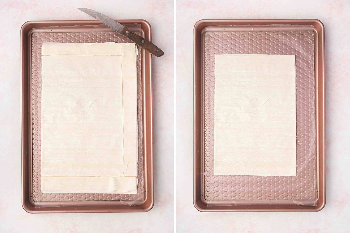 sliced phyllo sheets on work surface