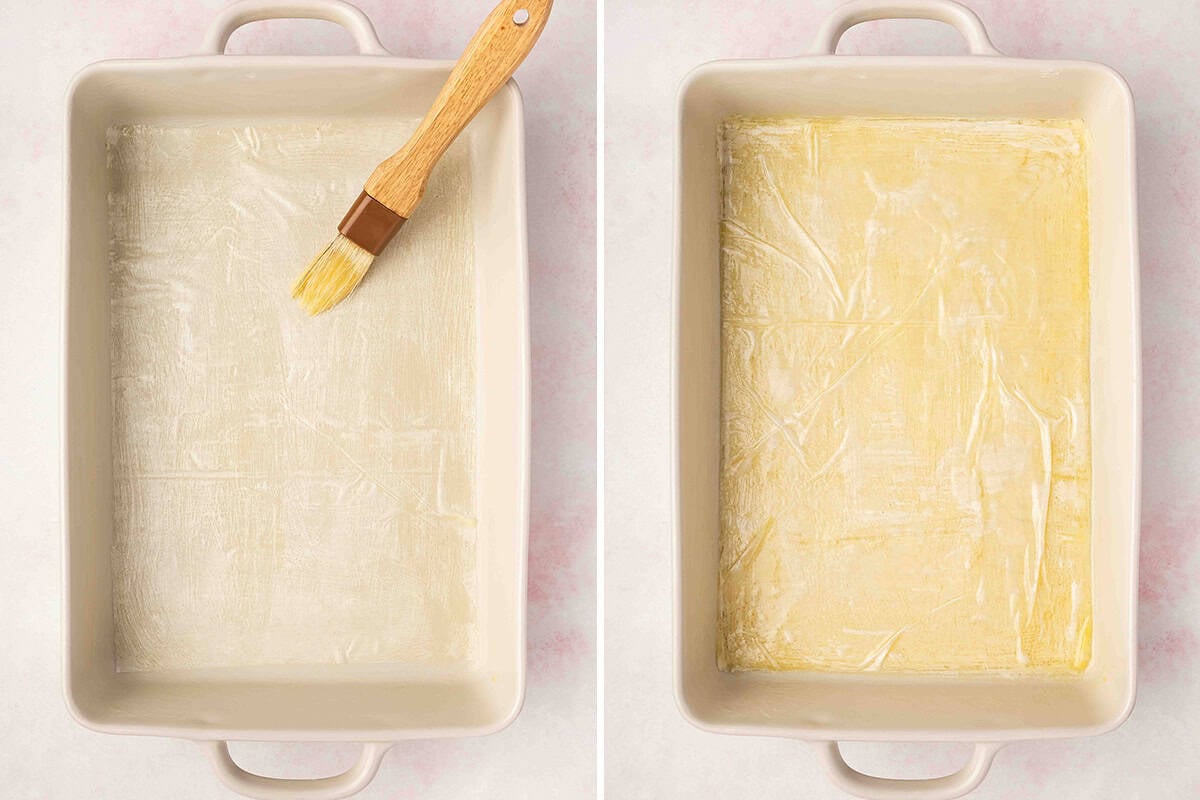 layered buttered phyllo sheets in pan