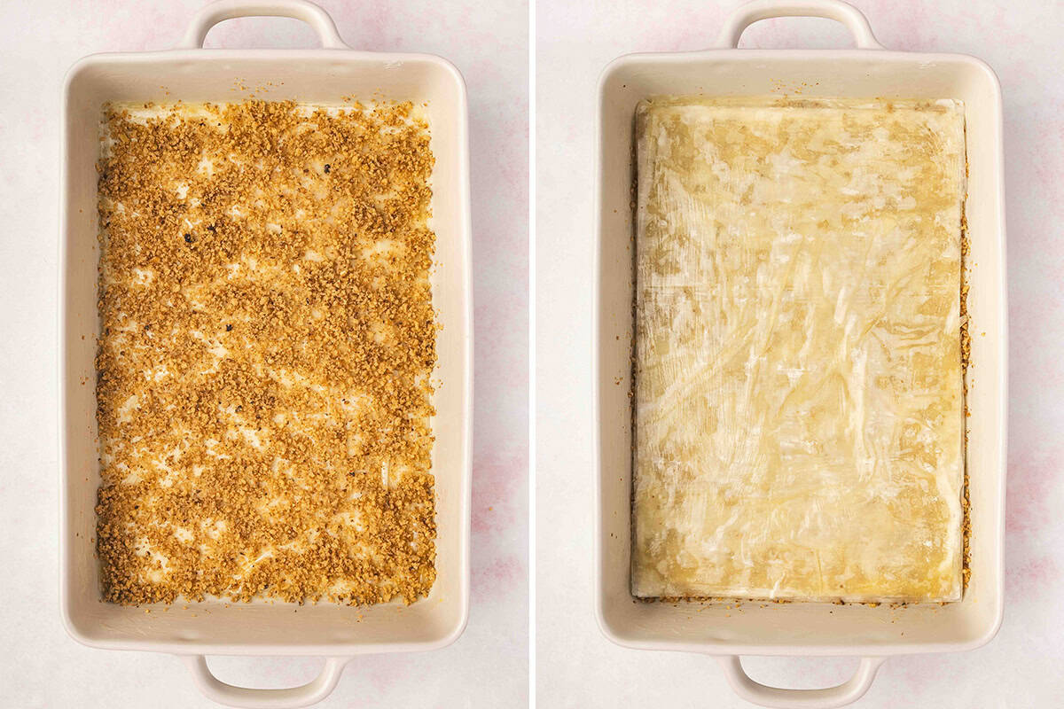 layered Baklava with phyllo sheets and nut filling in pan