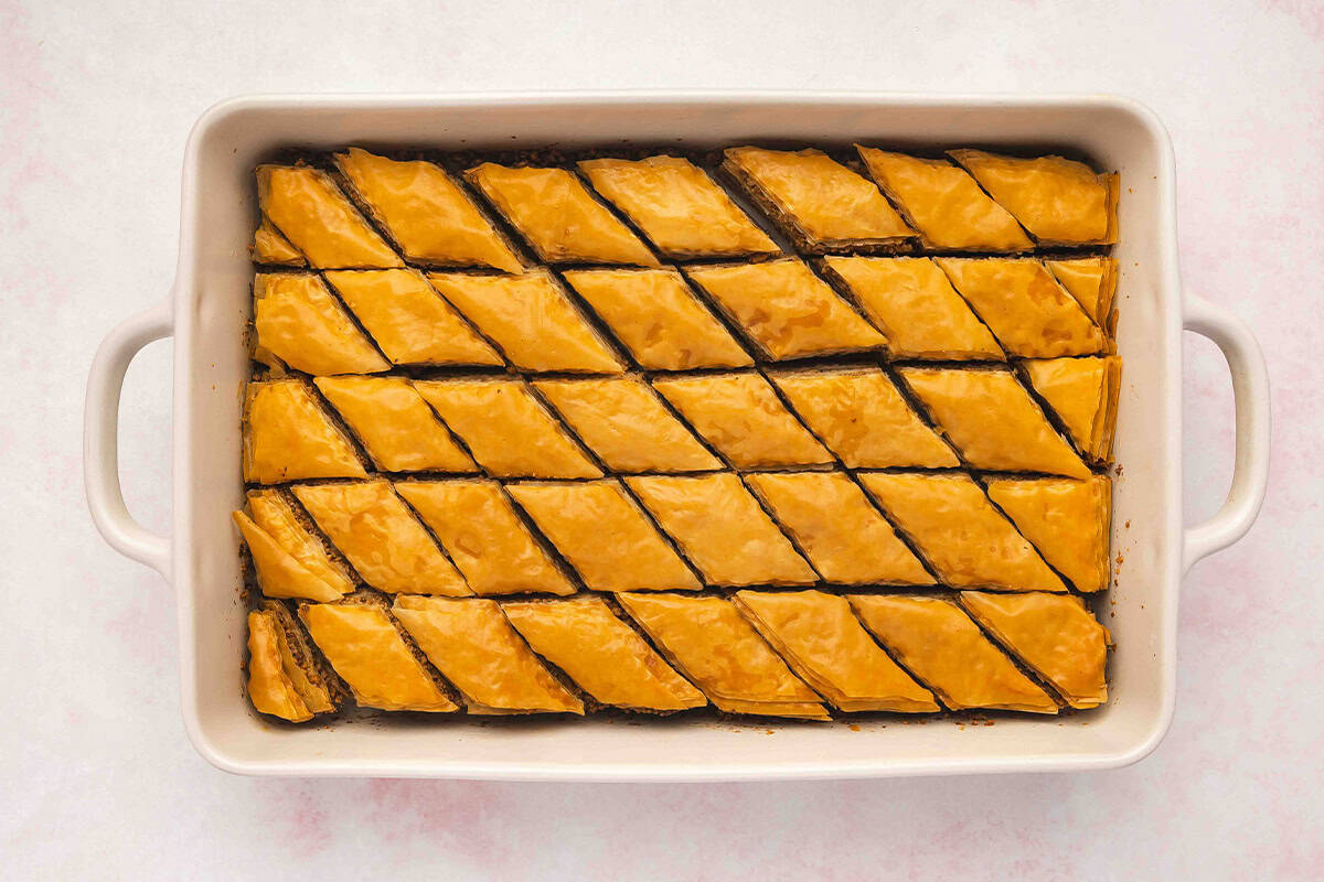 overhead Baklava cut into triangles in baking dish