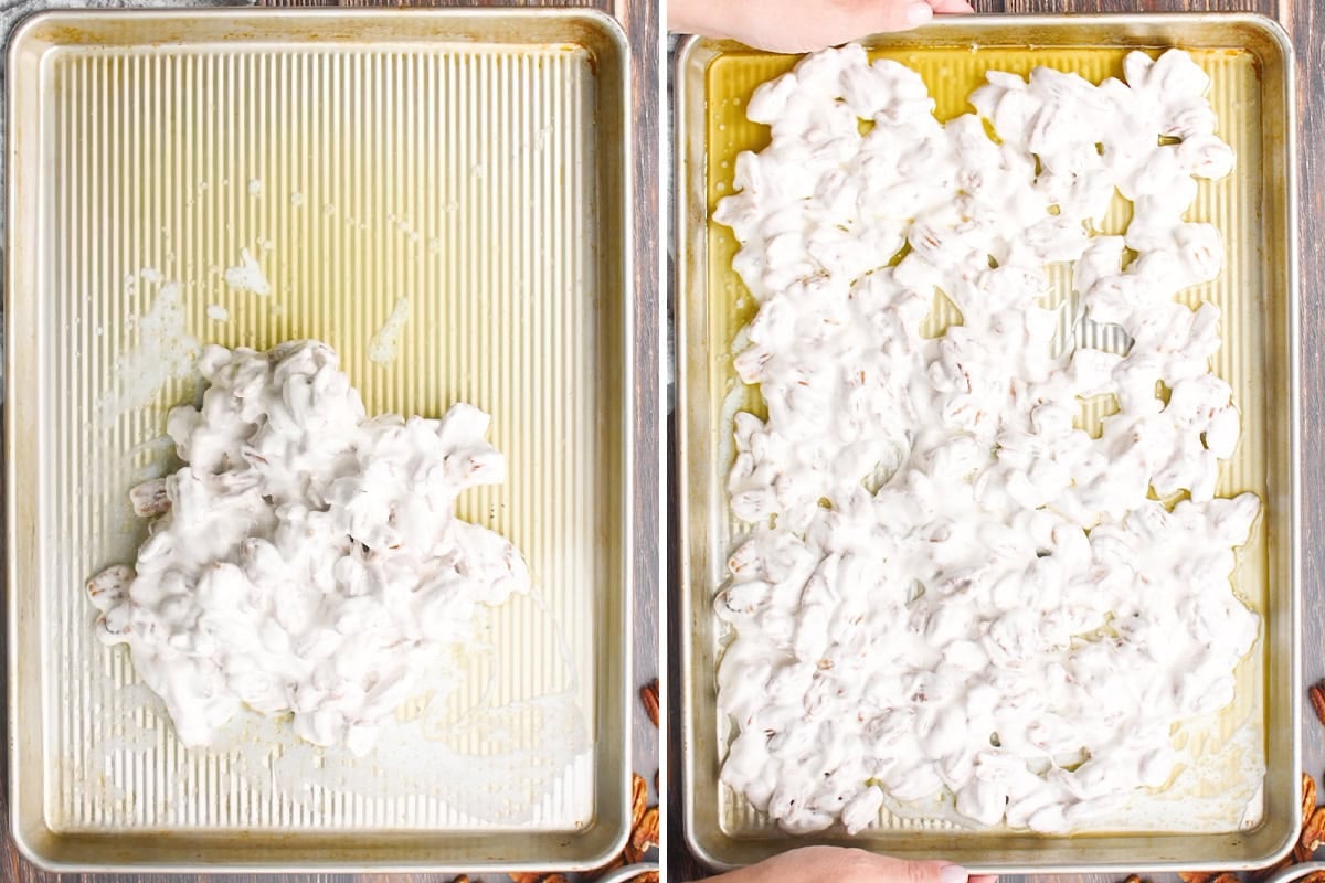 unbaked meringue coated candied pecans on butter coated baking sheet