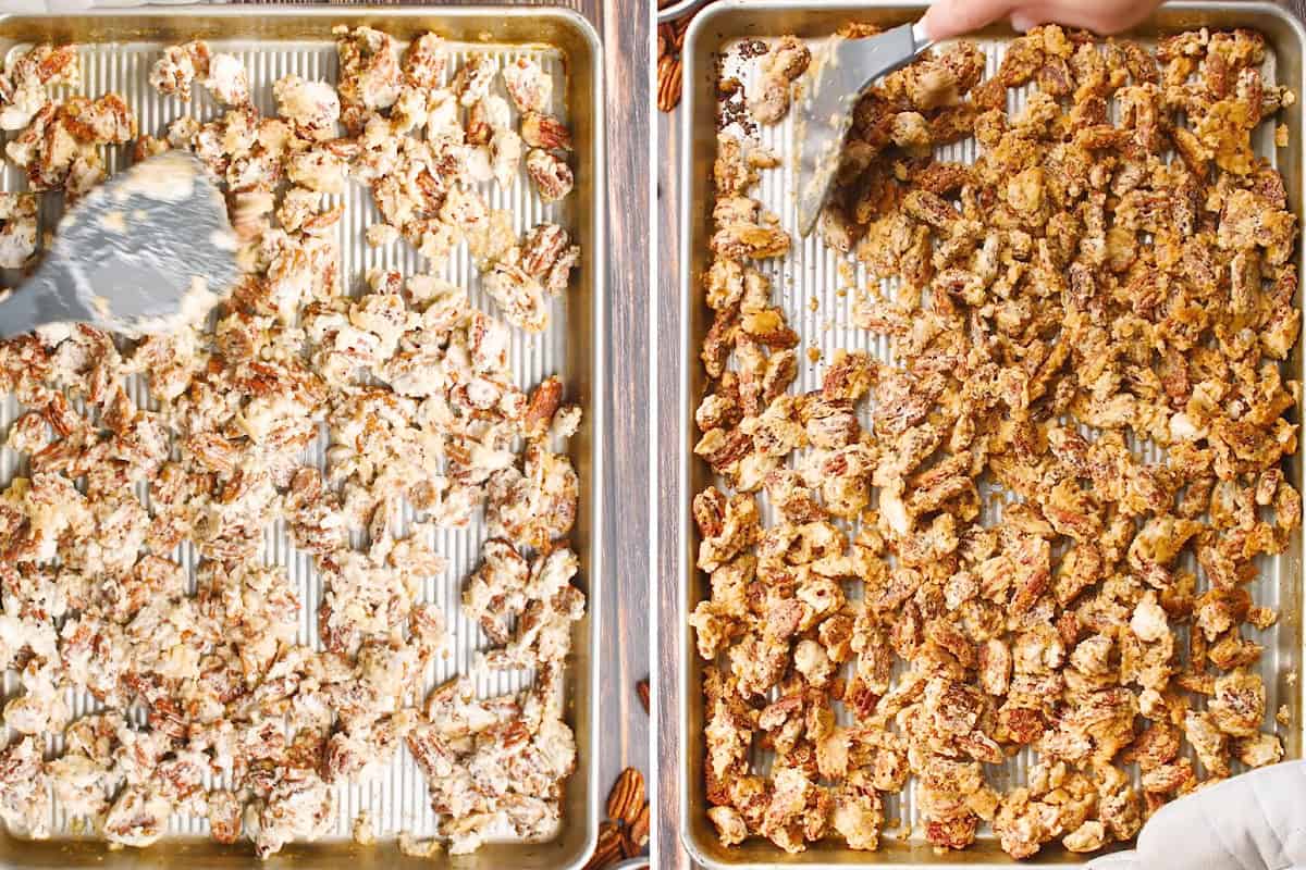 candied pecans being stirred on baking sheet