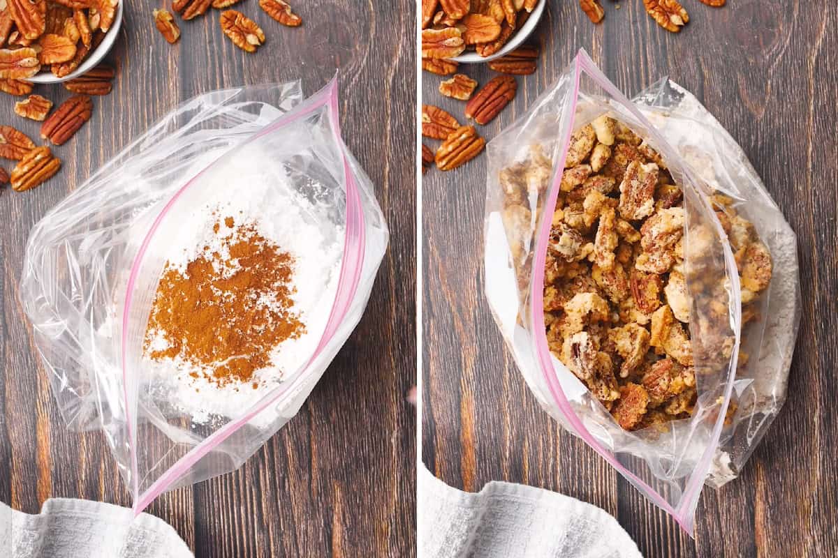 candied pecans being tossed with cinnamon and powdered sugar