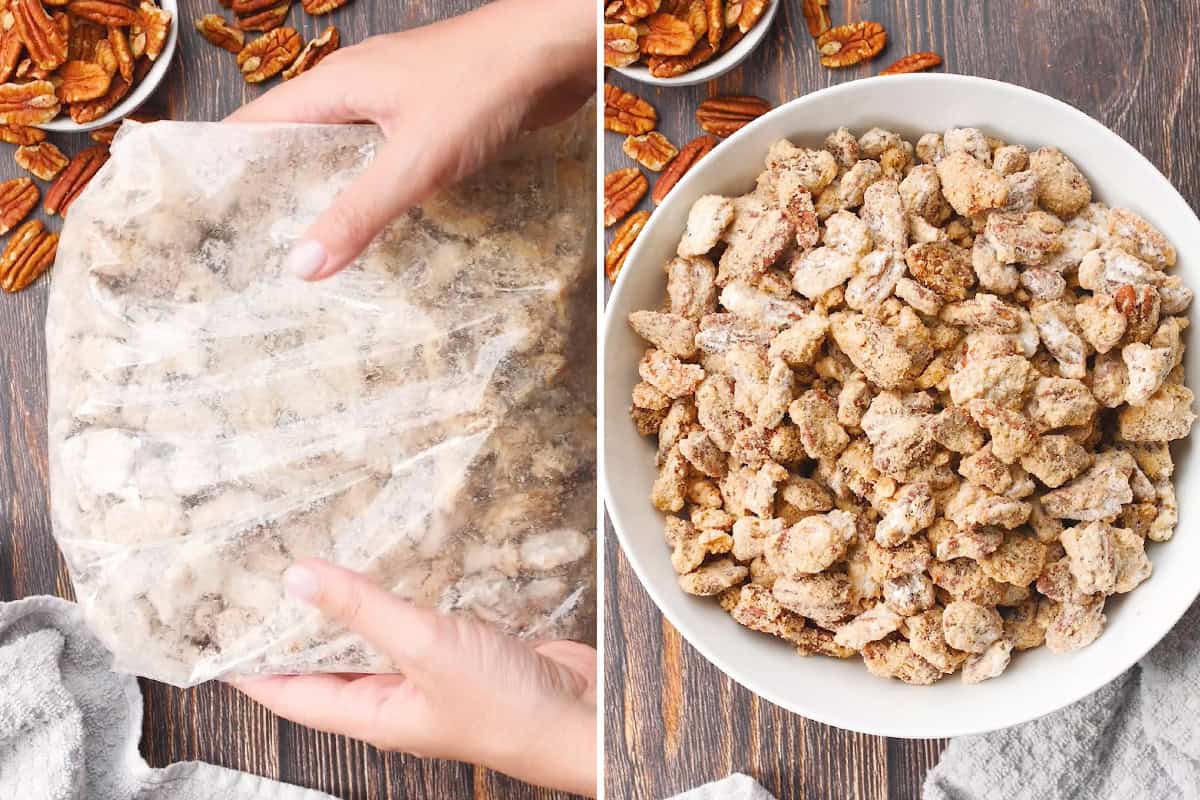 candied pecans in serving bowl