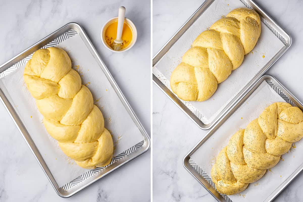 unbaked challah bread being basted with butter, sesame seeds, and poppy seeds