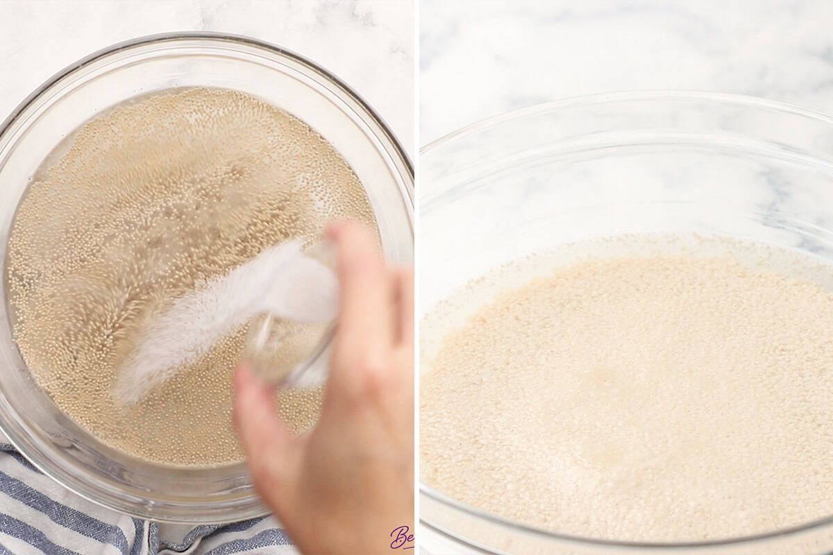 blooming instant yeast in bowl for challah bread