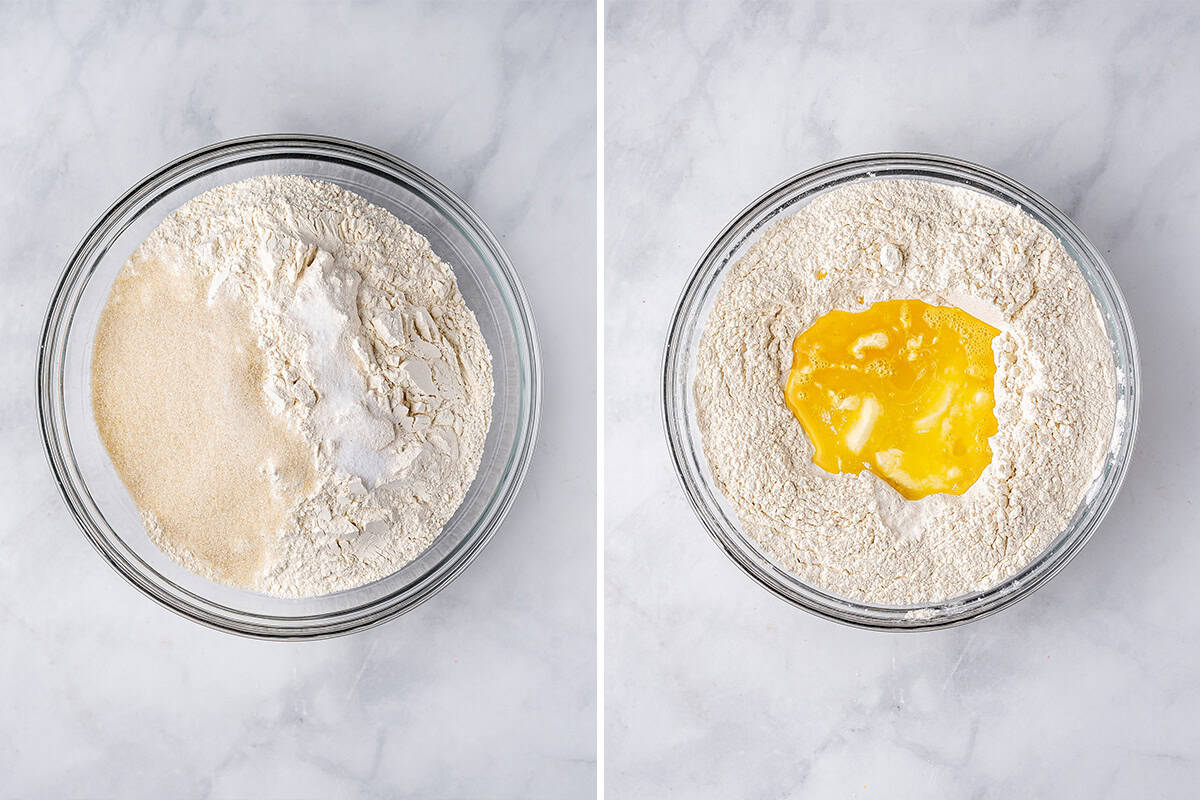 wet and dry ingredients combined in bowl for challah bread
