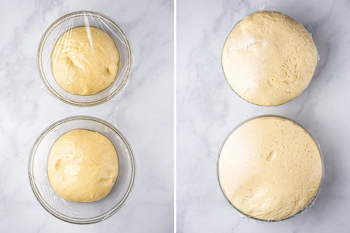challah bread dough rounds rising in bowls