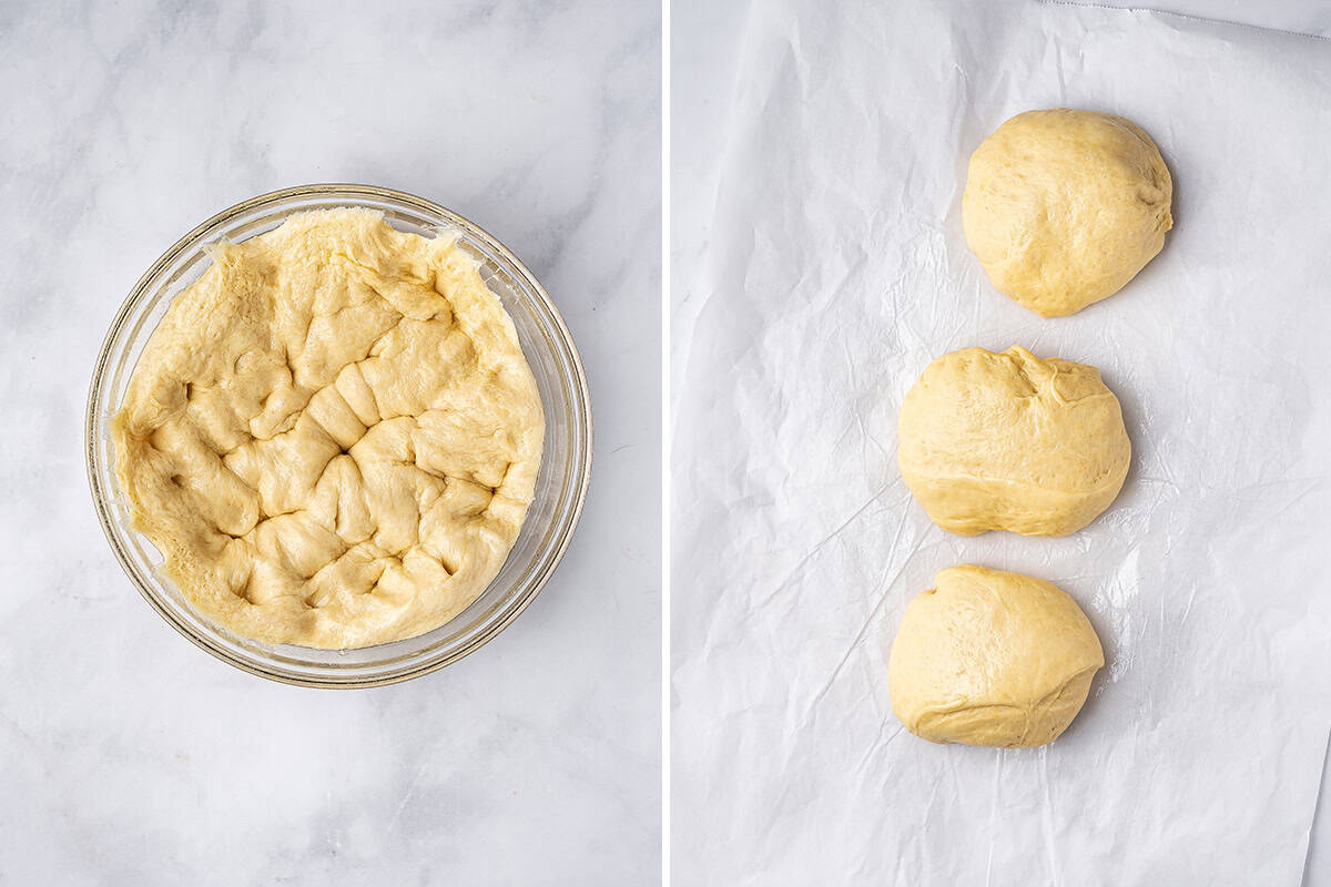 challah bread dough separated into 3 balls