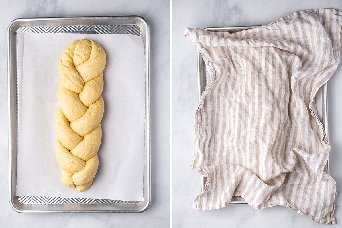 unbaked challah bread on baking sheet and covered with tea towel