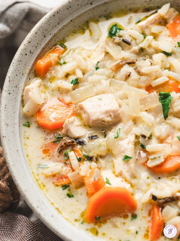 close up Chicken Wild Rice Soup in bowl
