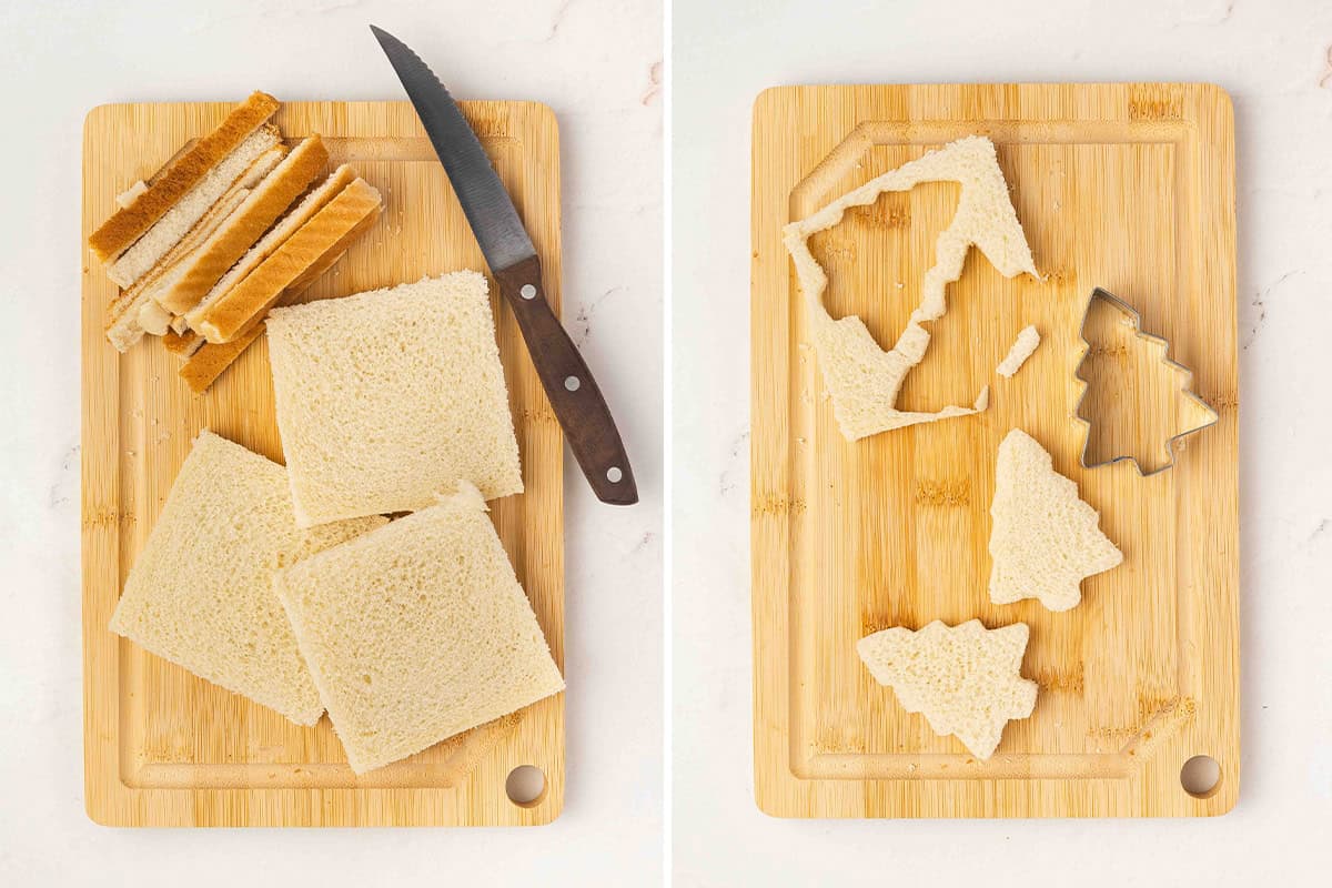 Slices of white sandwich bread with crusts removed on a cutting board next to tree-shaped cutouts of sandwich bread made using a Christmas tree cookie cutter.