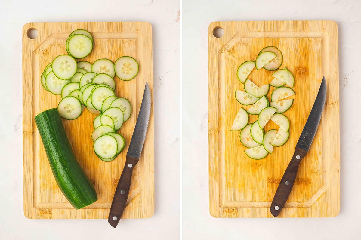 Cucumber sliced thin on a cutting board, then halved into small semi-circles for layering.