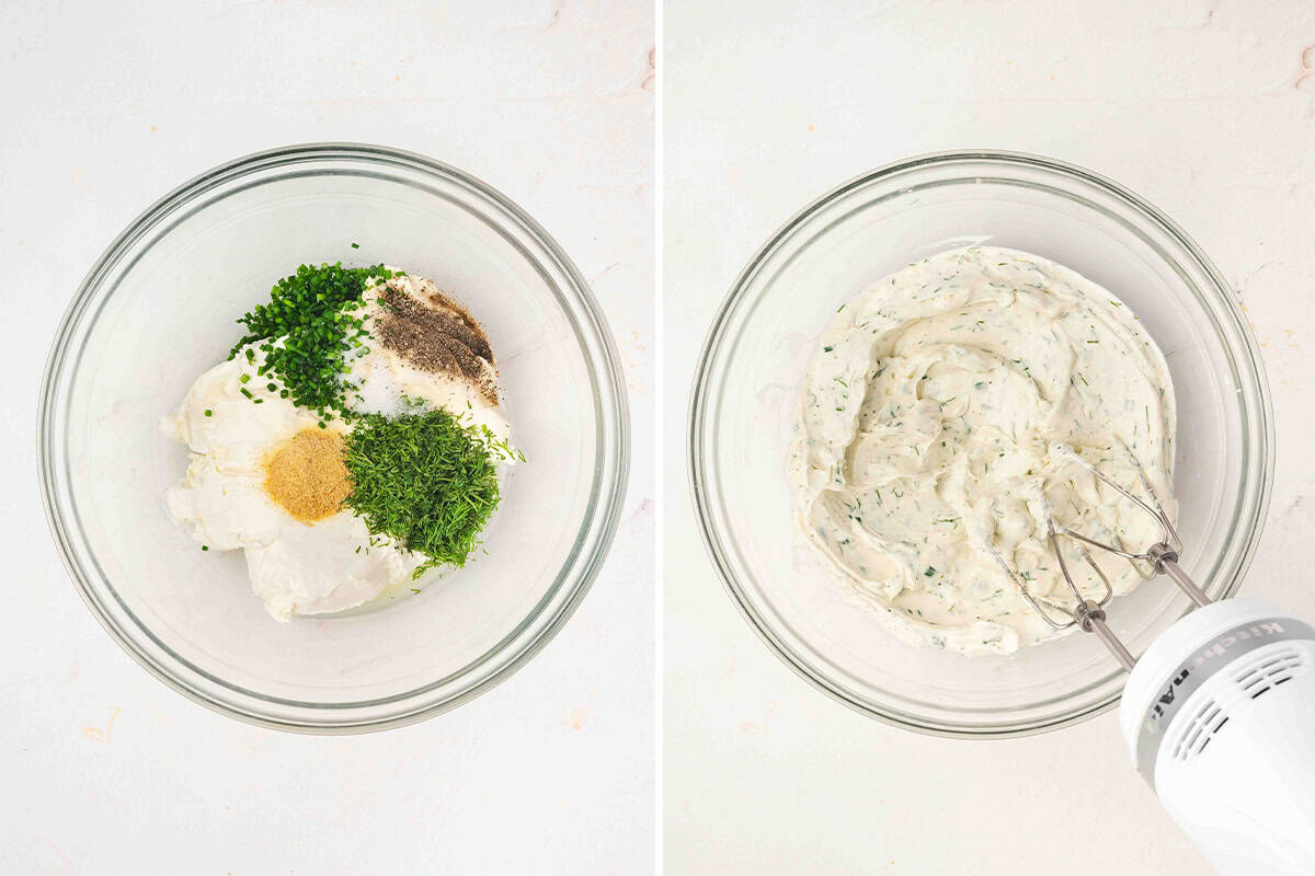 Cream cheese, mayonnaise, dill, chives, and seasoning in a bowl before and after mixing with a hand mixer.