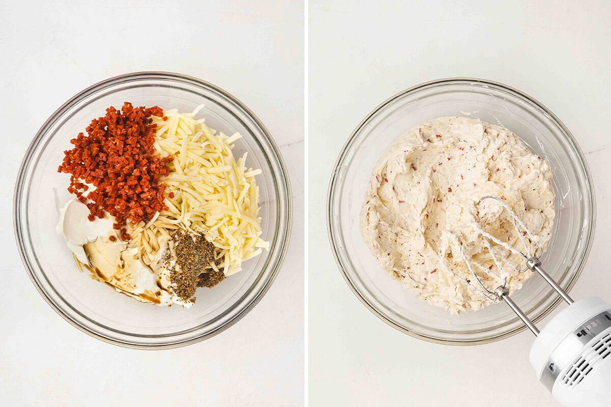 Bowl with cream cheese, shredded Monterey Jack, diced pepperoni, Italian seasoning, and Worcestershire sauce before mixing, next to a bowl of the blended cheese mixture with a hand mixer.