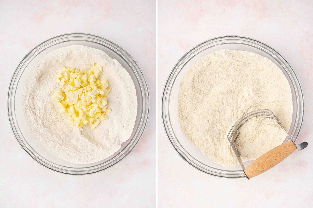 cold tiny cubes of butter cut into dry ingredients for cake