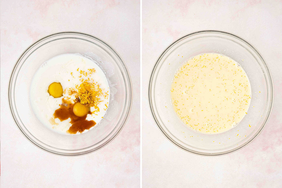 wet ingredients for cake mixed in bowl