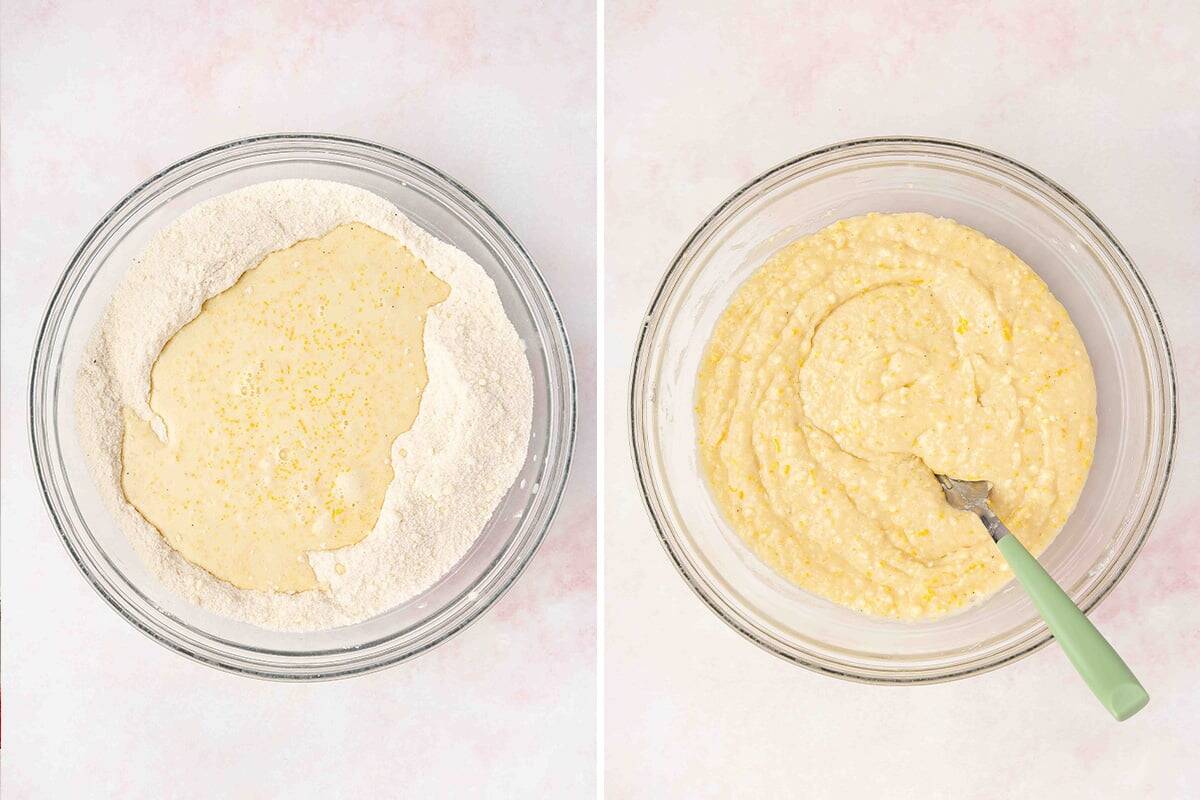 dry and wet ingredients for cake mixed together in bowl for batter