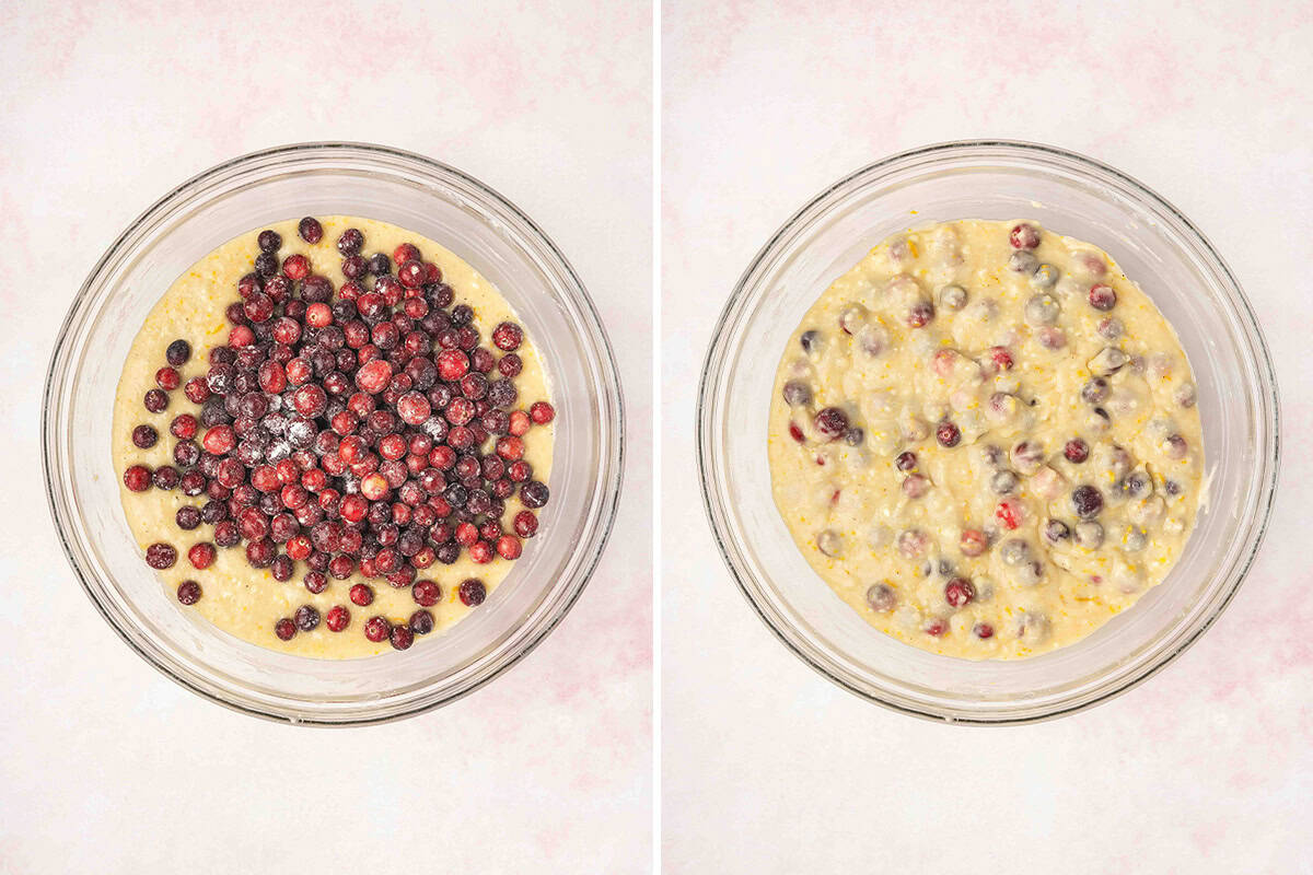 cranberries mixed into cake batter