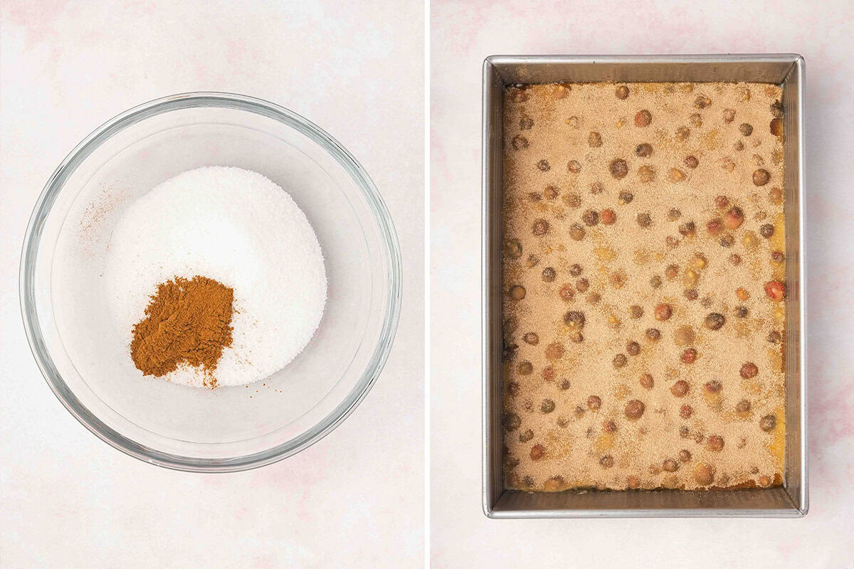 cinnamon-sugar sprinkled over cranberry cake in baking pan