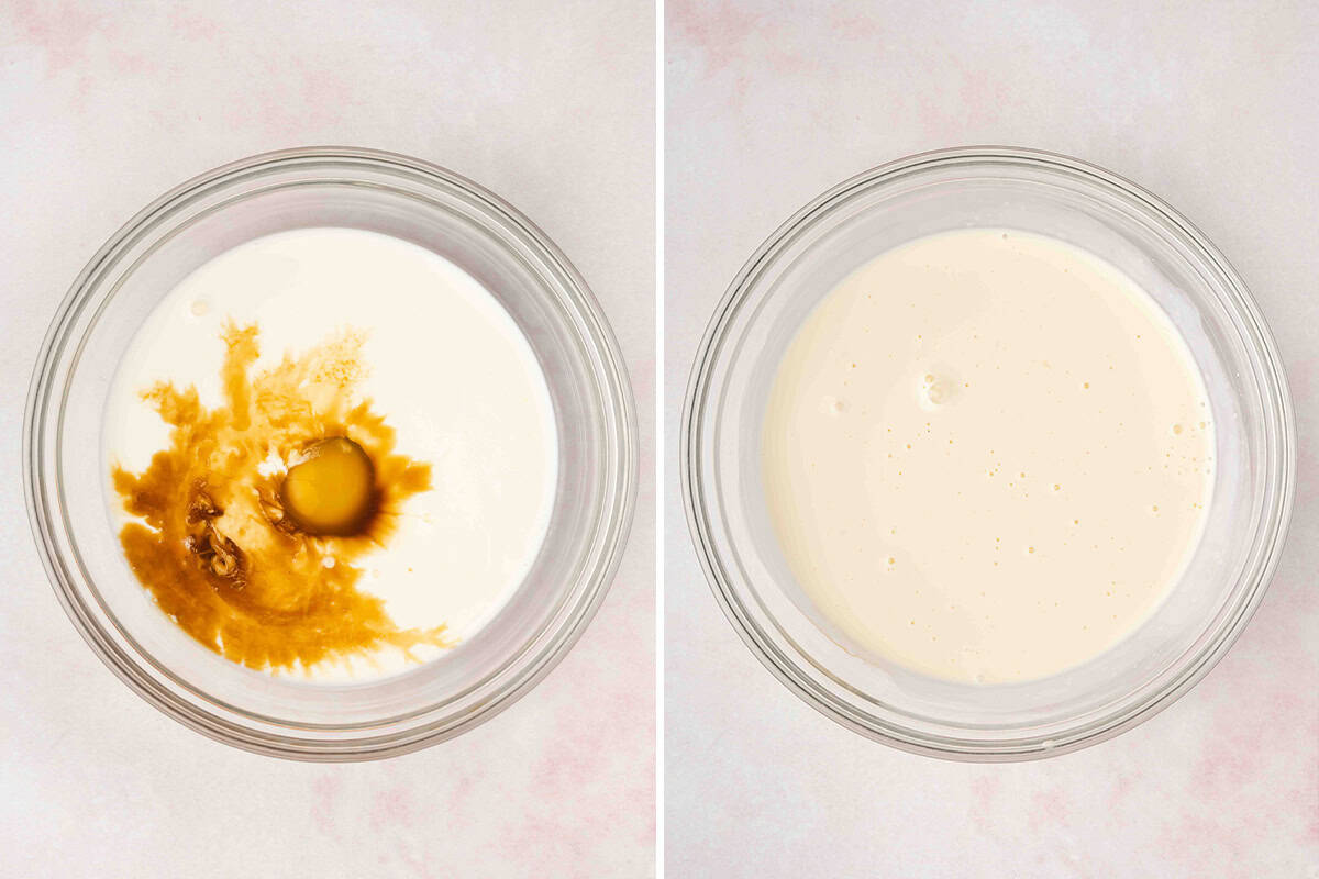 cream, eggs, and vanilla whisked together in bowl