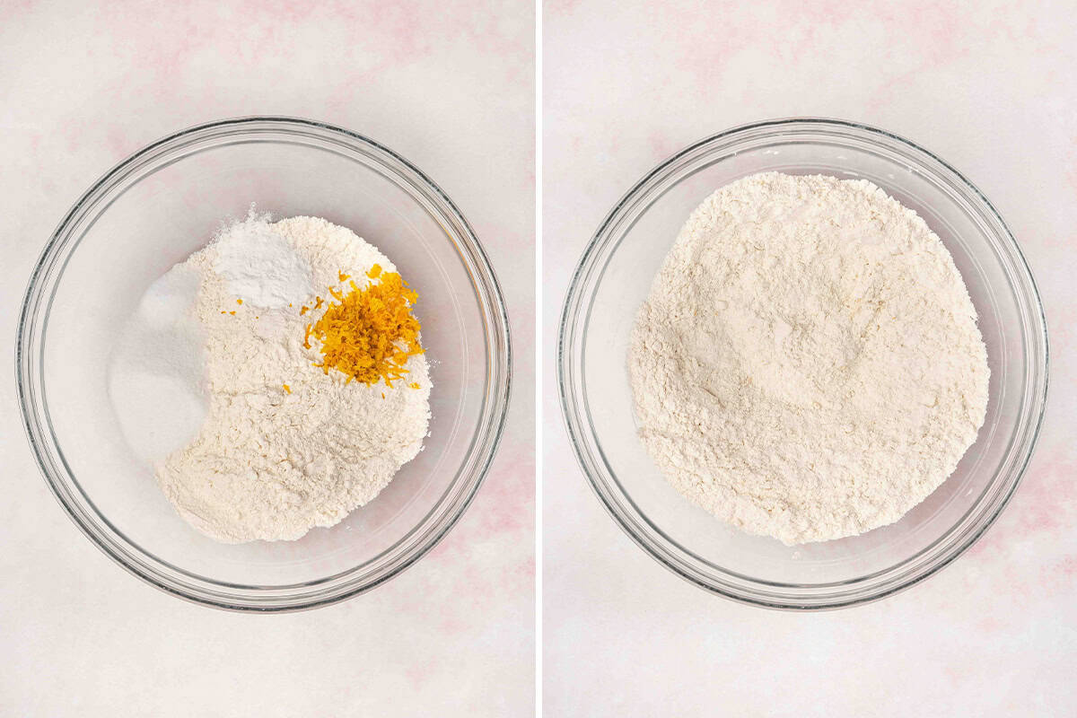 orange zest, sugar, flour, and baking powder mixed in bowl