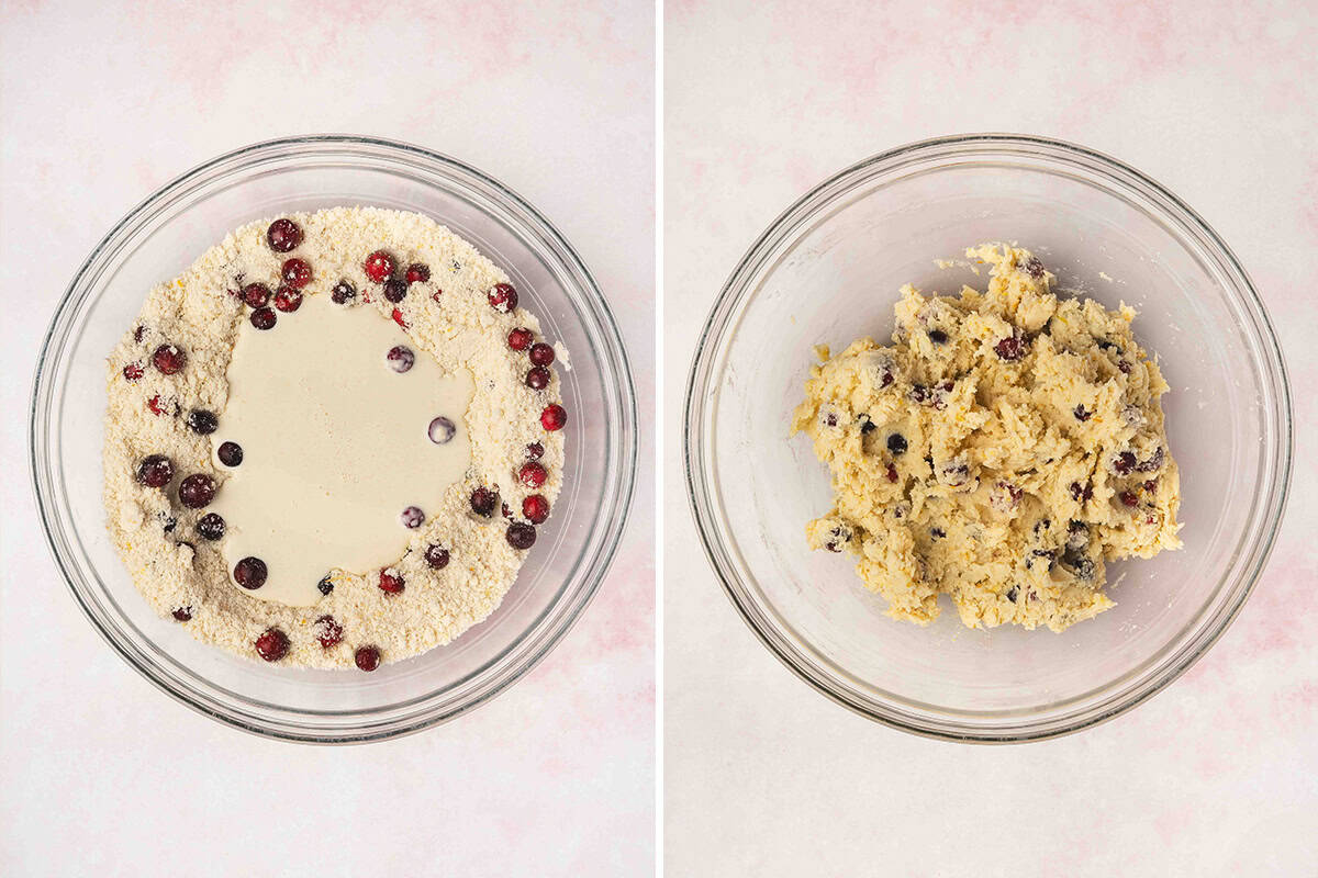 wet and dry ingredients for cranberry orange scones mixed together in bowl