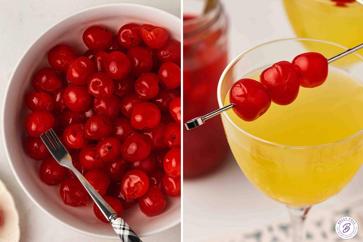 A bowl of drained maraschino cherries next to a cocktail glass garnished with cherries on a skewer.
